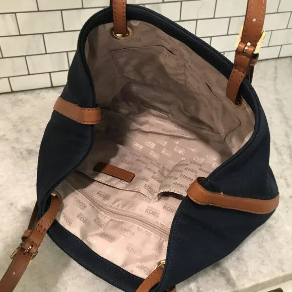 Michael Kors Tote Bag Womens Large Blue Canvas Leather Shoulder Purse MK Charm - Picture 10 of 14